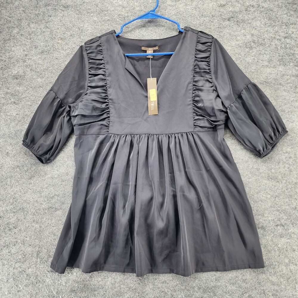Pink Twill Blouse Womens Medium Short Sleeve V Neck Black